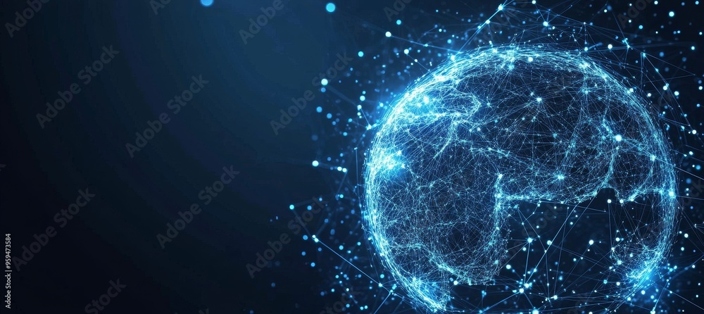 Poster Blue glowing globe with connected lines forming a network.