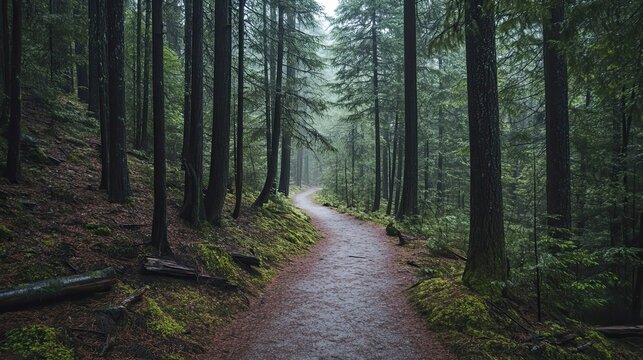 A winding path through a dense, misty forest