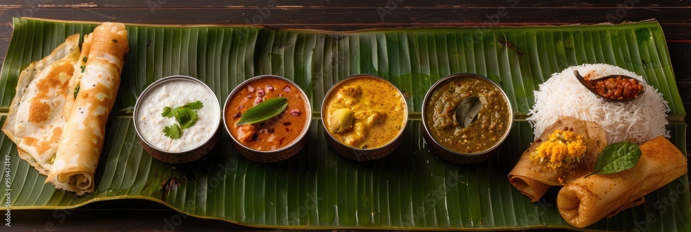 Sticker Masala Dosa, Uttapam, Idli, Vada, and Sambar complemented by Semolina Halwa and Upma, beautifully arranged on a banana leaf.