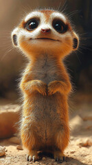 Fototapeta premium A cute meerkat with big, curious eyes looks directly at the camera, standing tall on its hind legs.