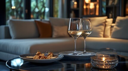 A cozy lounge with wine glasses and tapas plates on a luxurious table