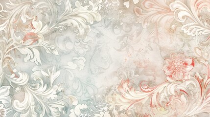Fototapeta premium 07250736 222. A seamless pattern of vintage elements, including elegant swirls, delicate flowers, and ornate motifs, all rendered in soft pastel colors with an aged, weathered look