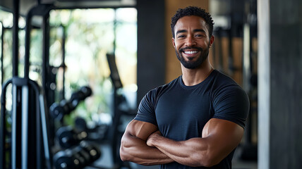 Naklejka premium A man standing with arms crossed in a modern gym filled with cutting-edge fitness equipment