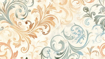 07250736 222. A seamless pattern of vintage elements, including elegant swirls, delicate flowers, and ornate motifs, all rendered in soft pastel colors with an aged, weathered look