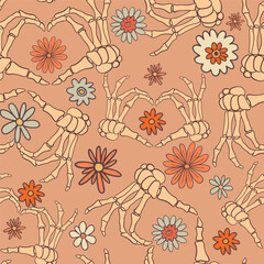 Skeleton Hands Forming Hearts with Floral Pattern on Tan Background