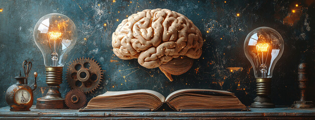 Concept of education and success, online education, is a new idea, collage with a brain, gears, and book