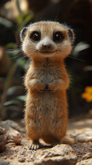 Fototapeta premium A cute meerkat stands tall, looking directly at the camera with a playful smile.