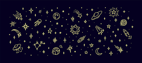 Cute line doodle space background. Hand drawn planets, sun, moon, stars, spaceship collection. Childish drawing cosmic illustration. Crayon, ink, pencil drawing. Night starry sky © Kseniia