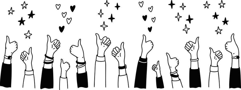 Raising hands with thumb up doodle background. Positive reaction for social media post, live stream, book, online shopping experience. Handwriting falling stars, bling, sparks, glitter, hearts.