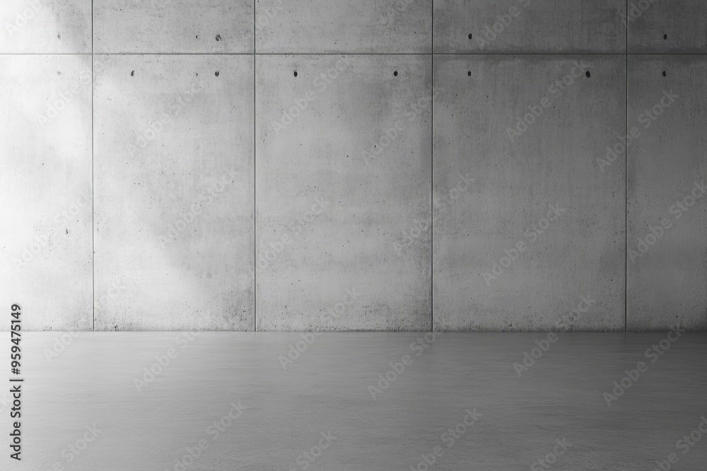 Poster a minimalist interior design with a concrete wall and floor, showcasing a spacious room with natural