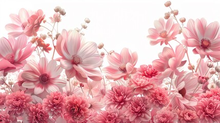 07250736 234. A detailed illustration of pink flowers set against a pure white backdrop, with a dense cluster of large pink flowers positioned in the middle, complemented by several smaller pink