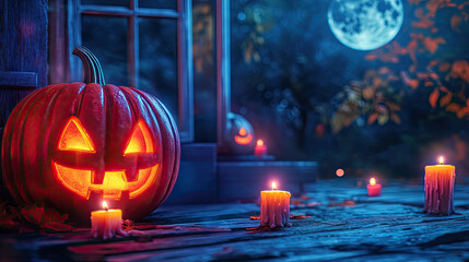 Obraz premium A glowing jack-o'-lantern with two lit candles sits outdoors under a bright full moon on a starry Halloween night. 