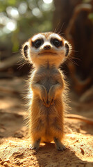 Fototapeta premium A cute meerkat stands upright, gazing curiously at the camera. Its large, dark eyes and fluffy fur make it an adorable sight.