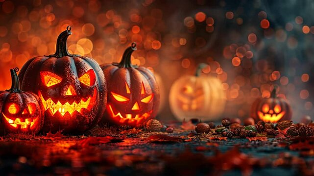 Jack-O'-Lantern Glow: A haunting tableau of sinister jack-o'-lanterns illuminated against a backdrop of eerie smoke and bokeh lights. The carved faces, with their menacing grins and glowing eyes, cast