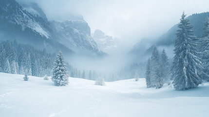 Heavy snowfall blanketing a mountain landscape, winter weather, cold and serene