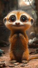Fototapeta premium A cute meerkat with big brown eyes, standing on its hind legs and looking directly at the camera.