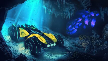 A futuristic underwater vehicle explores a vibrant ocean cave illuminated by beams of light, showcasing marine life and rock formations.