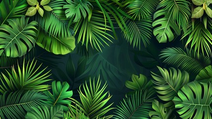 07250736 244. A vibrant vector tropical banner with a horizontal layout, adorned with different types of palm leaves creating a dense, green floral background, with clear copy space for summer-themed