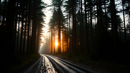 A muddy dirt road through a thick dark fir and pine forest, tall trees, golden horizon light visible through the trees