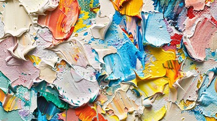 Fototapeta premium 07250736 247. A detailed fragment of an oil painting on canvas, featuring a lively composition of multicolored bright textures, with bold spots of oil paint and expressive brushstrokes that add depth