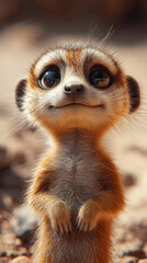Fototapeta premium A cute meerkat with big, brown eyes looks up at the camera with a curious expression.