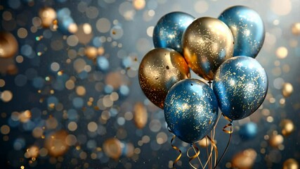 Golden Celebration: Blue and gold balloons shimmer against a dark background, capturing the essence of a festive and celebratory occasion, adding a touch of elegance and luxury to any event. 