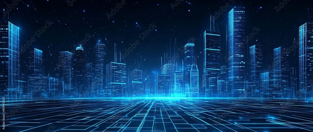 Poster a digital city skyline with glowing blue lines and buildings, creating a futuristic and abstract bac