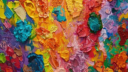 07250736 250. A vibrant section of an oil painting on canvas, featuring a rich tapestry of multicolored bright textures, with dynamic spots of oil paint and sweeping brushstrokes that evoke a sense