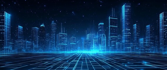 A digital city skyline with glowing blue lines and buildings, creating a futuristic and abstract background.