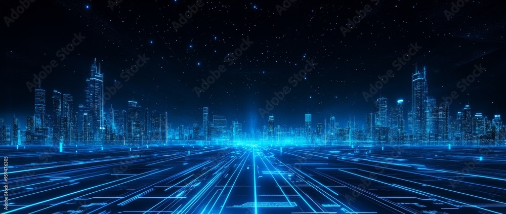 Poster futuristic city skyline with glowing lines and digital patterns.