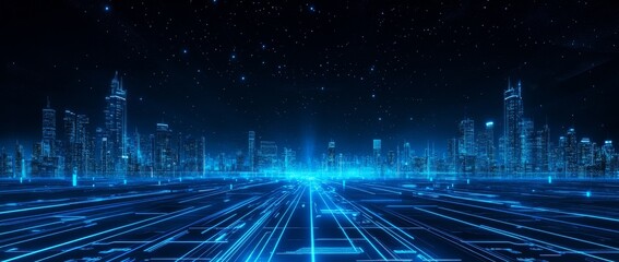 Futuristic city skyline with glowing lines and digital patterns.