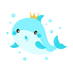 Cute Dolphin Cartoon Character Wearing Crown Swimming in the Sea with Happy Expression