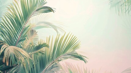 Fototapeta premium 07250736 272. A pastel-toned tropical scene showcasing palm trees and palm leaves in soft, muted colors, set against a minimalistic summer background to evoke a calm and tranquil exotic beach vibe