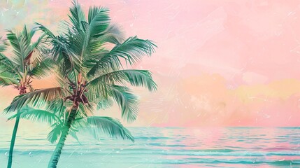 Fototapeta premium 07250736 273. An elegant summer pastel illustration with a tropical theme, featuring softly colored palm trees and palm leaves, creating a minimalistic yet visually soothing exotic beach setting