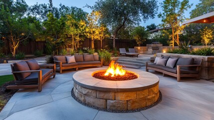Outdoor fire pit with stone surround and seating area in a backyard