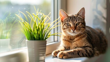 Illustrate a delightful cat sitting on a windowsill, bathed in sunlight, with an affectionate expression and a relaxed posture, enjoying the view.