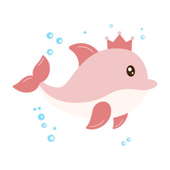 Cute Dolphin Cartoon Character Wearing Crown Swimming in the Sea with Happy Expression