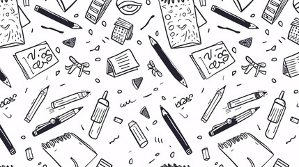 07250736 280. A detailed seamless pattern of school supplies, featuring black line doodles of pencils, pens, and notebooks on a white background, arranged in a playful and organized manner to create