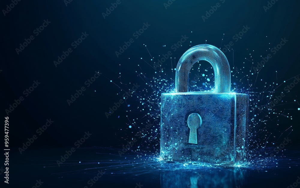 Poster a glowing blue padlock with digital particles around it on a dark background.