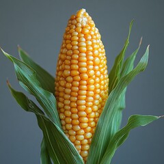 Obraz premium Corn ear captured mid-fall, selective focus on kernels, white space.