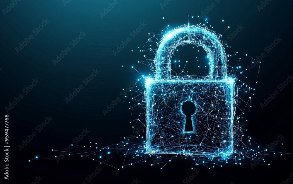 Poster A glowing padlock made of connected dots and lines on a dark blue background.