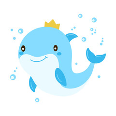 Cute Dolphin Cartoon Character Wearing Crown Swimming in the Sea with Happy Expression