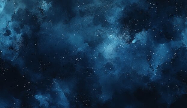 Abstract blue watercolor background with white speckles resembling stars in the night sky.