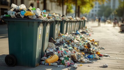 Trash spilling over from bins in a public square, photorealistic, urban litter problem, environmental impact, waste management failure, high detail