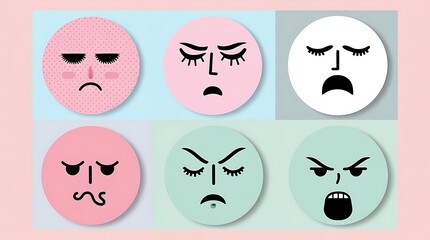 Obraz premium Illustration of 6 pastel-colored circular faces with various expressions in a 2x3 grid against a light grey background, featuring frustration, anger, confusion, and sadness.