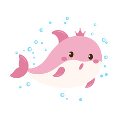 Cute Dolphin Cartoon Character Wearing Crown Swimming in the Sea with Happy Expression