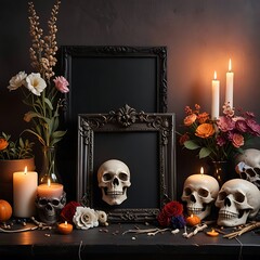 Altar with skull, flowers and candles as an offering for the Day of the Dead celebration with an empty photo frame, mockup, Halloween, copy space