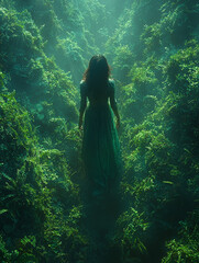Obraz premium A woman in a flowing green dress walks through a lush, overgrown forest.