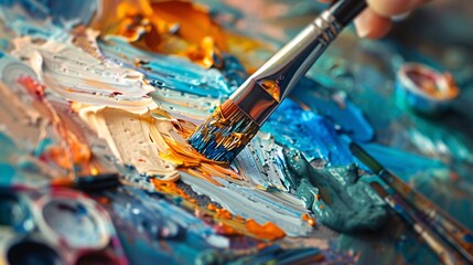 Obraz premium A detailed view of watercolor paint being mixed with water on a brush, just before touching the canvas. The scene includes various shades of paint and art supplies spread out