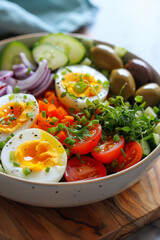 Fresh mediterranean diet lunch: salad bowl with boiled egg, veggies, and olives